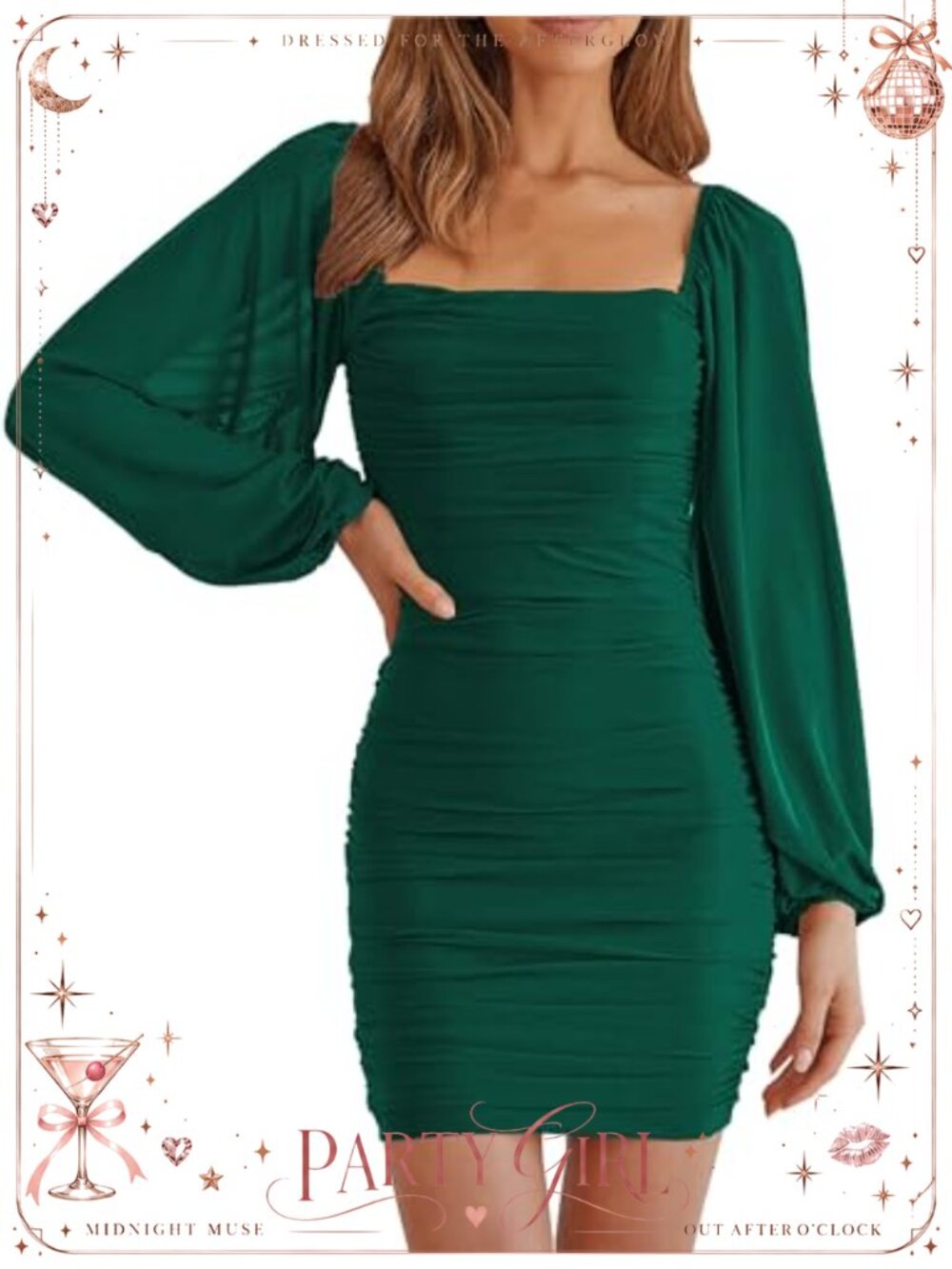 Long Sleeve Ruched Bodycon Mini Dress Square Neck Lantern Sleeve Semi Formal